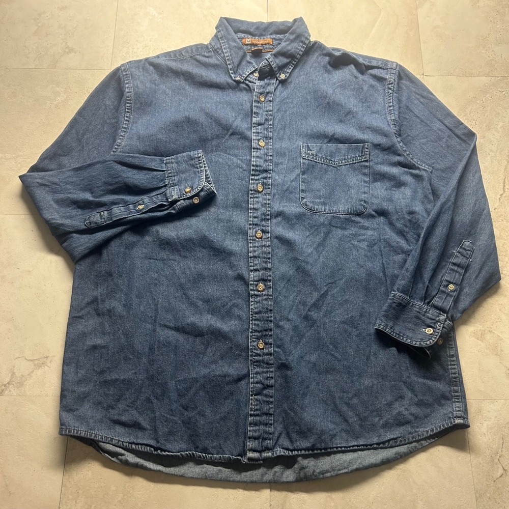 Harriton Denim Shirt Blue Mens XL Long Sleeve Button Down Workwear Casual 1153